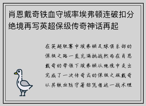 肖恩戴奇铁血守城率埃弗顿连破扣分绝境再写英超保级传奇神话再起